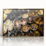 Acrylic print of an African landscape in warm earth tones, framed in gold, suitable for modern art wall decor.