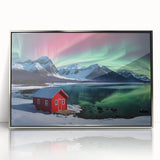Mid-century modernist art depicting an Antarctic landscape in muted blue and white tones, framed in silver acrylic.