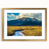 Extra large abstract art print of Bhutan scenery in gold frame, featuring textured earth tones, ideal for living room decor.
