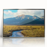 Mid-century modernist art of Bhutanese landscape in muted earth tones on a silver-framed acrylic print.