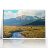 Acrylic print of a serene Bhutanese landscape in soft pastel hues, framed in white, suitable for modern art wall decor.