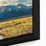 Extra large framed canvas featuring a textured depiction of a Bhutanese landscape in black with colorful art accents.