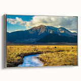 Framed canvas landscape art painting depicting Bhutan's scenery in vibrant colors.