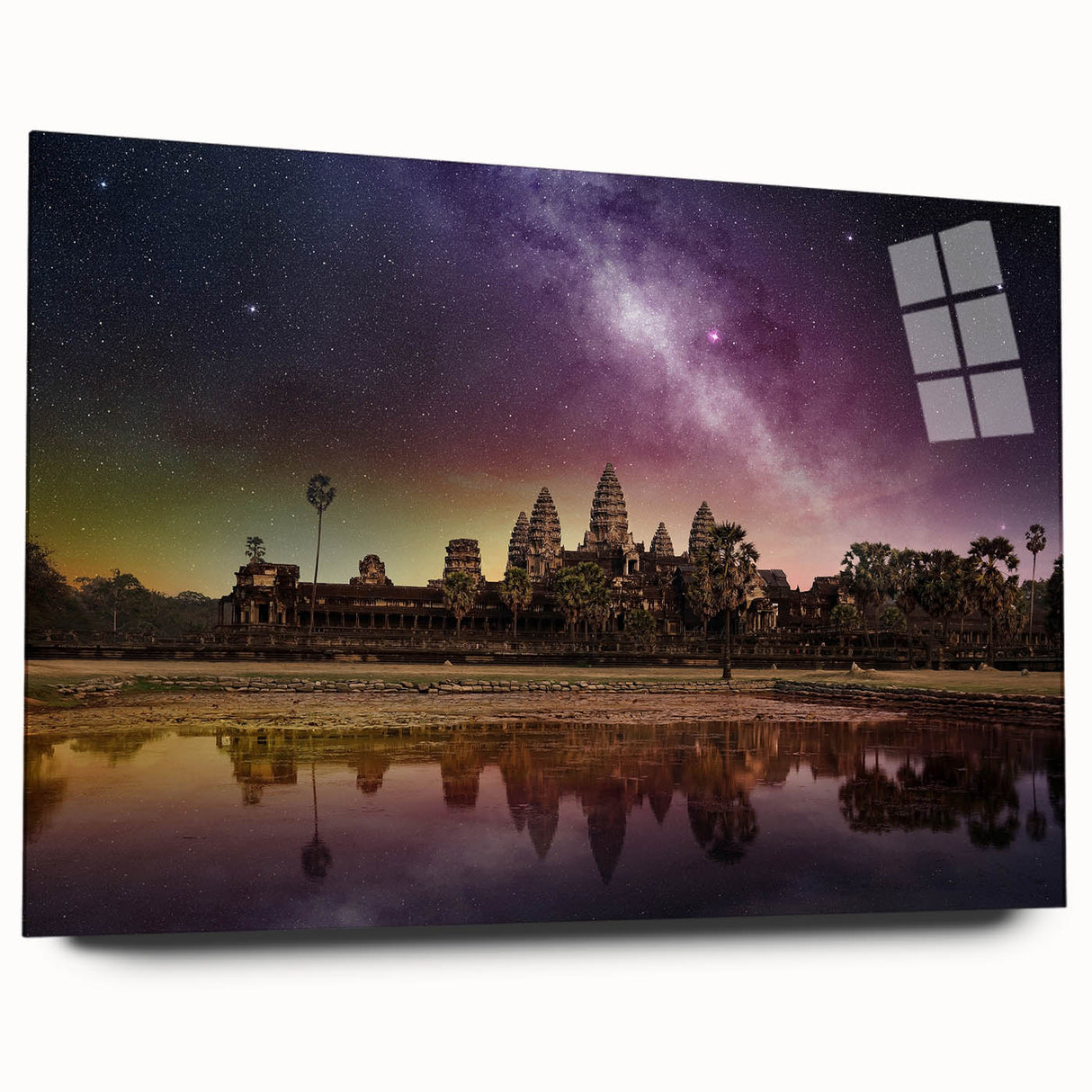 Large abstract wall art depicting a serene Cambodian landscape in soft earth tones on acrylic glass.