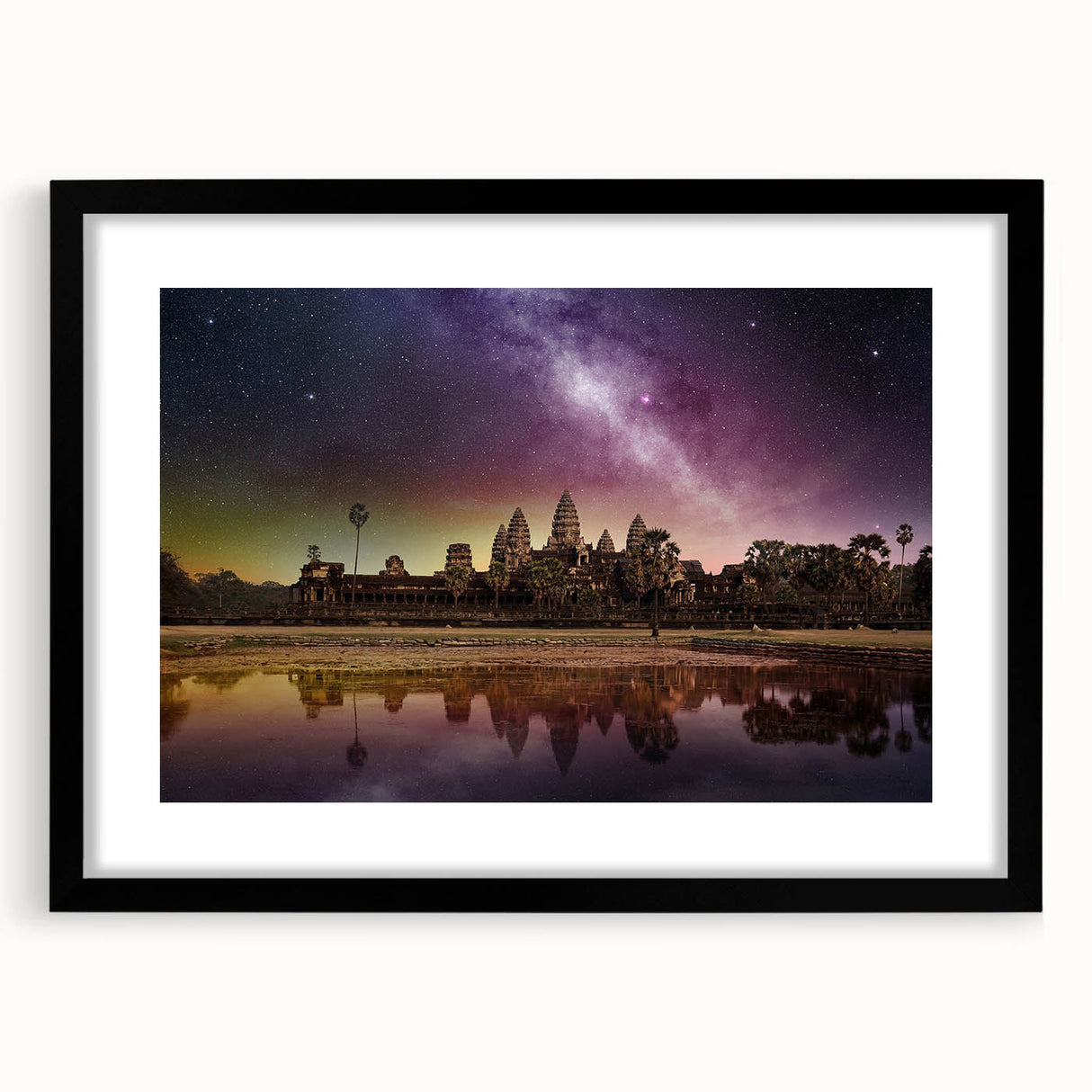 Colorful abstract art print of a Cambodian landscape on textured canvas, framed in black, ideal for living room decor.