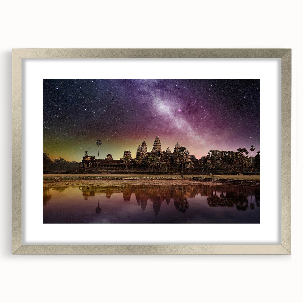 Textured art depicting a serene Cambodian landscape in muted earth tones, framed in silver, ideal for bedroom art.