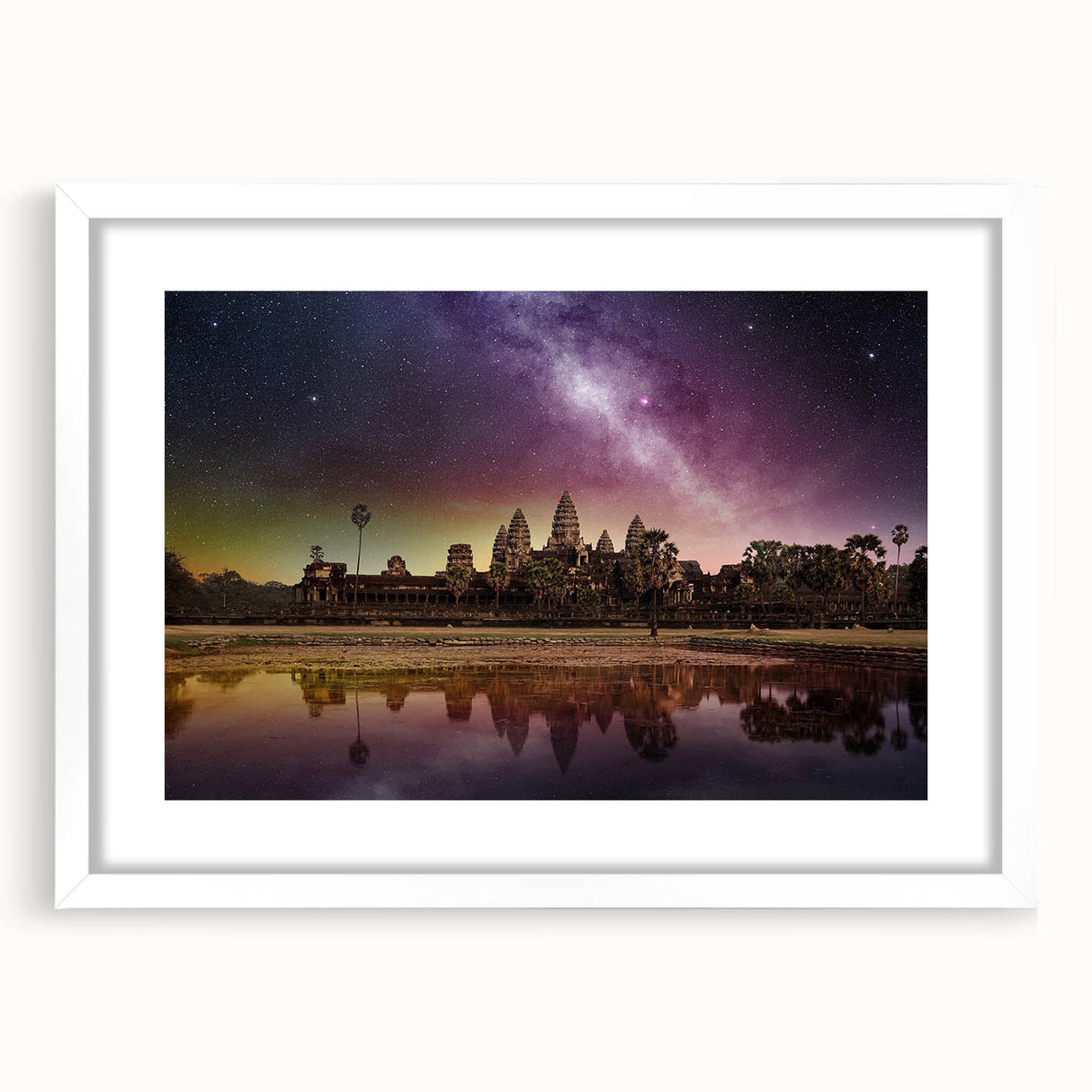 Abstract art print of a Cambodian landscape in muted earth tones on a framed white mat, ideal for dining room decor.