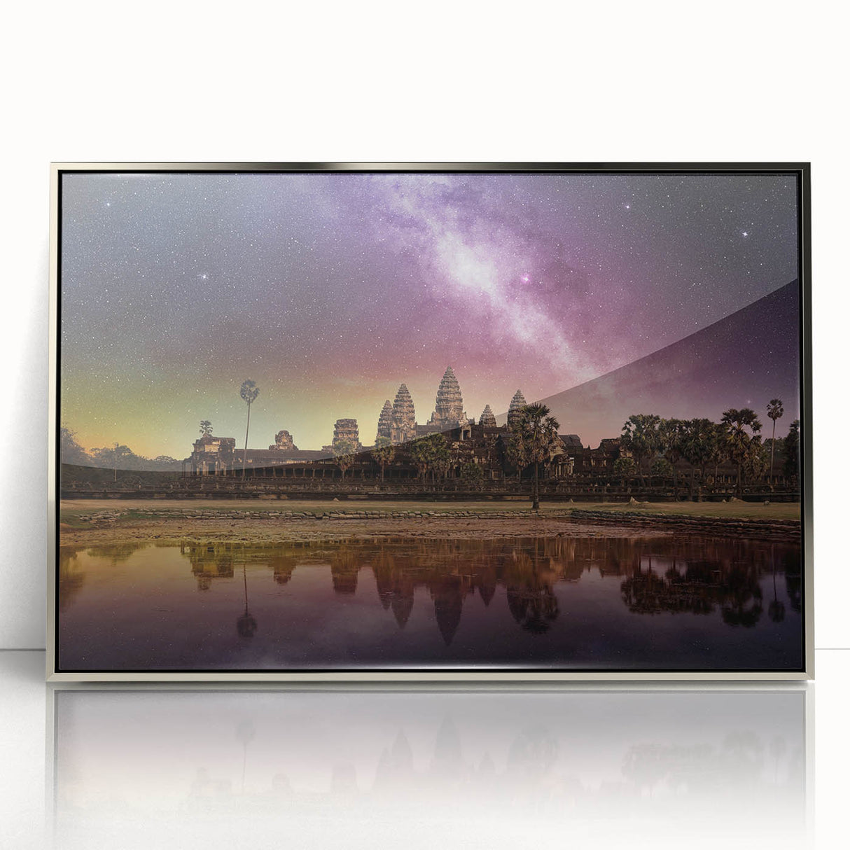 Mid-century modernist art of a Cambodian landscape, acrylic print in silver frame, ideal for modern art wall decor.
