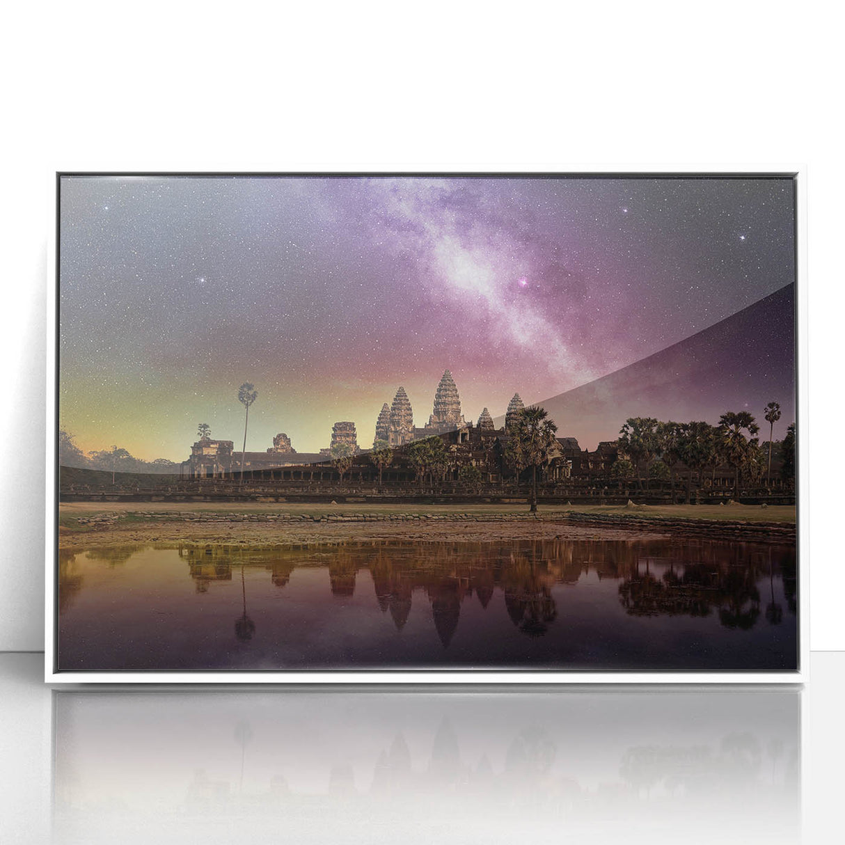 Acrylic print of a Cambodian landscape in muted earth tones, framed in white, suitable as modern art wall decor.