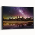 Black and white wall art featuring a vintage poster-style landscape of Cambodia on a framed canvas, ideal for bedroom decor.