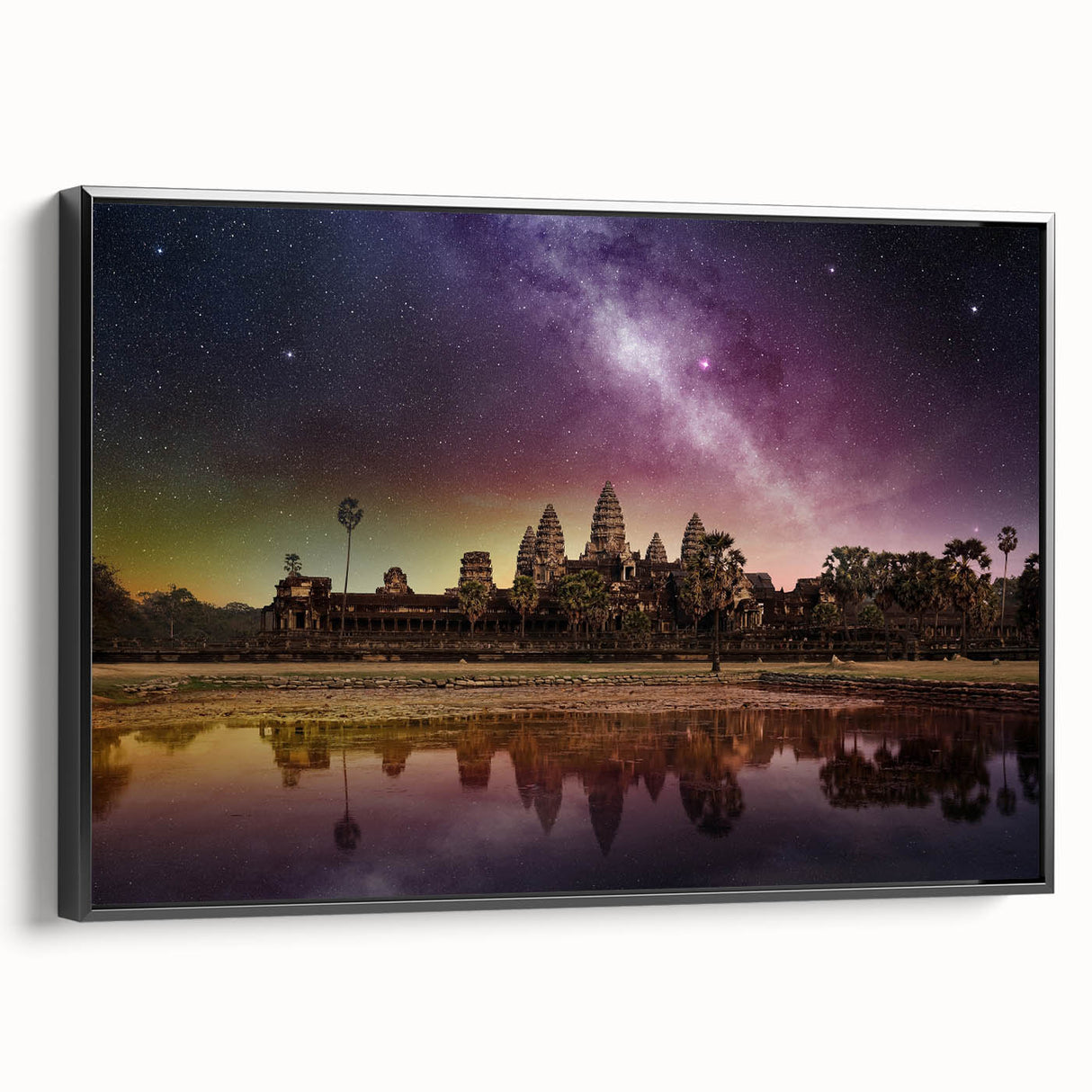Black and white wall art featuring a vintage poster-style landscape of Cambodia on a framed canvas, ideal for bedroom decor.