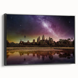 Black and white wall art featuring a vintage poster-style landscape of Cambodia on a framed canvas, ideal for bedroom decor.