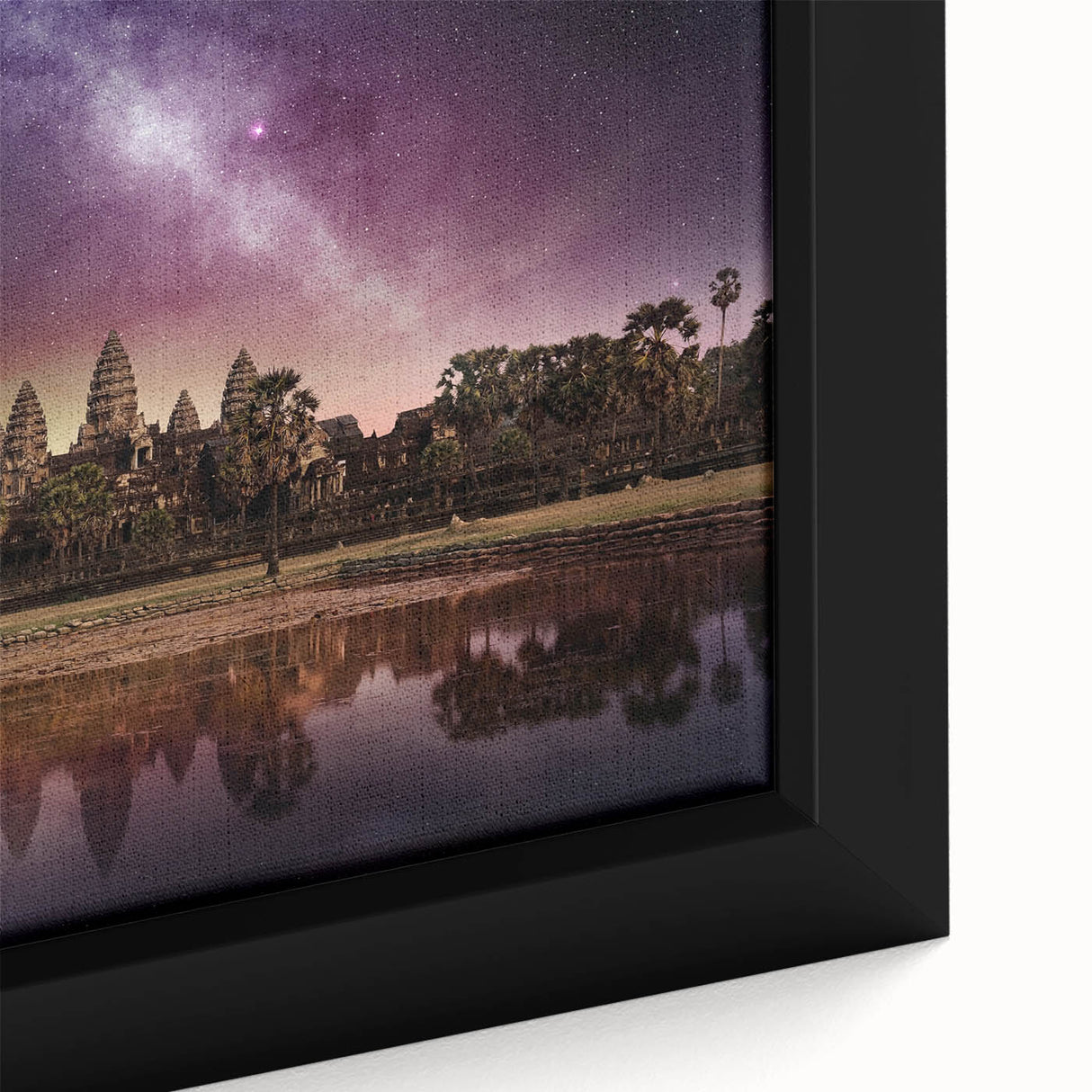 Extra large framed canvas of a colorful, textured Cambodian scenery in black, ideal for living room decor.
