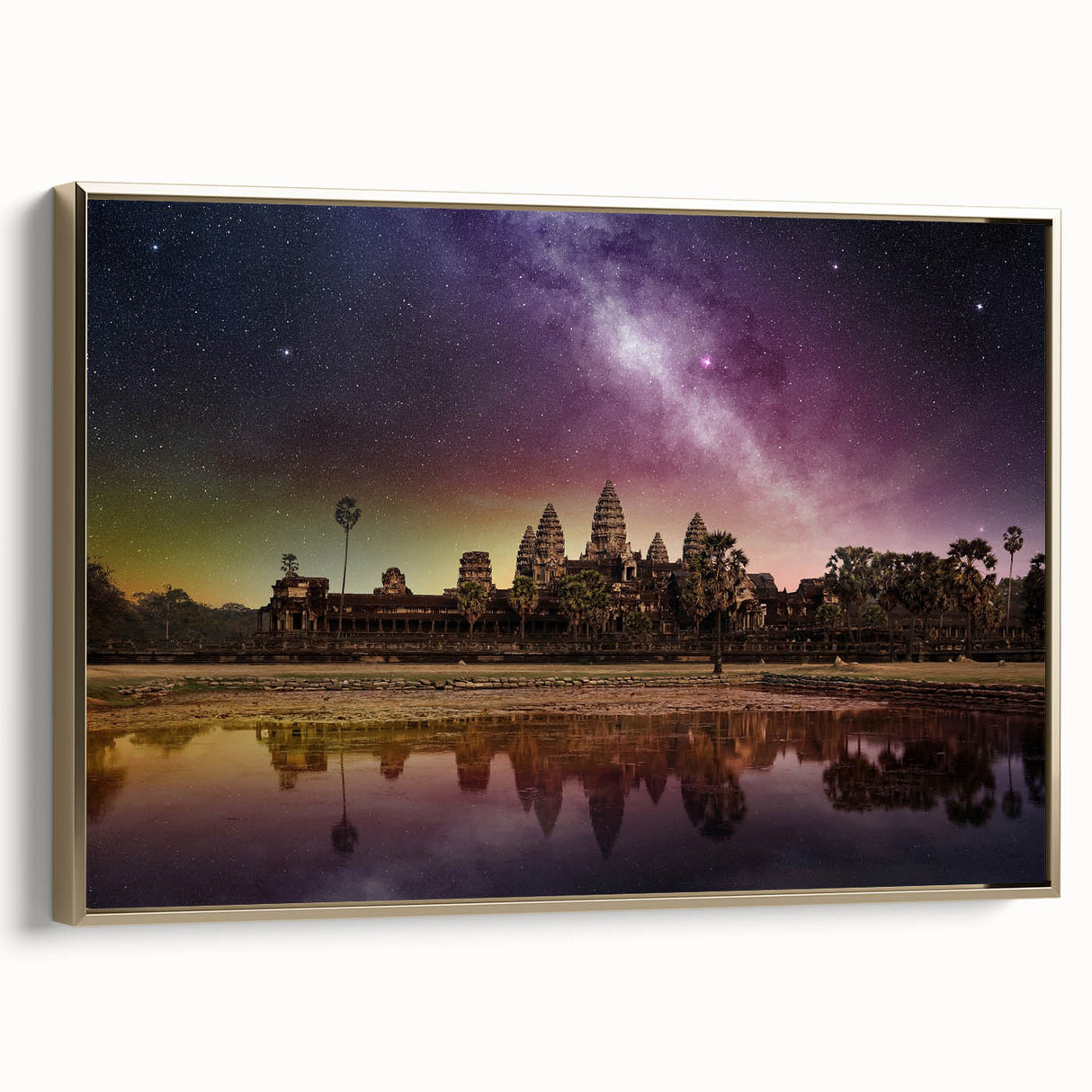 Framed canvas depicting a vintage-style landscape of Cambodian scenery in black and gold tones.