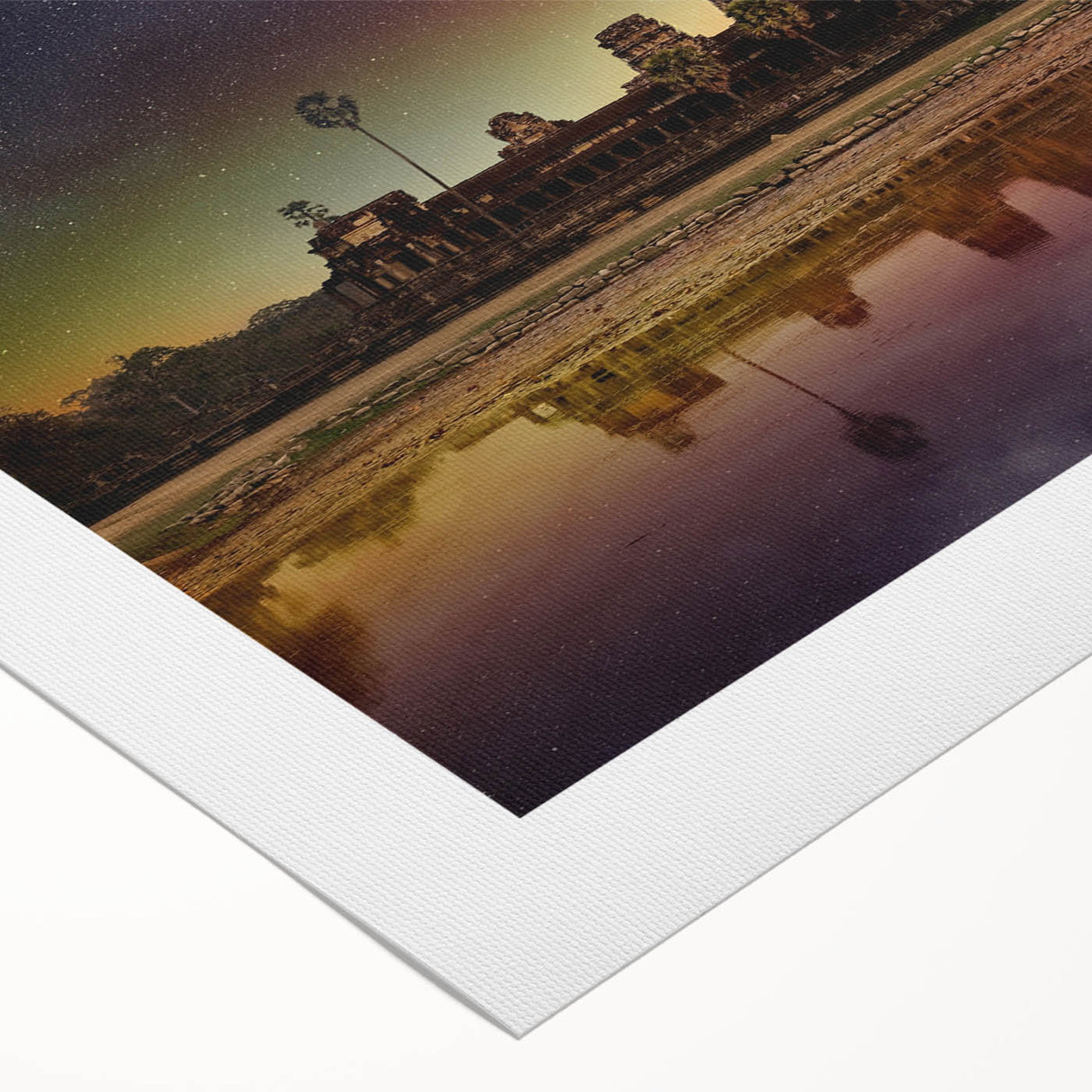 Art deco poster featuring a serene Cambodian landscape on rolled canvas, with soft earth tones.