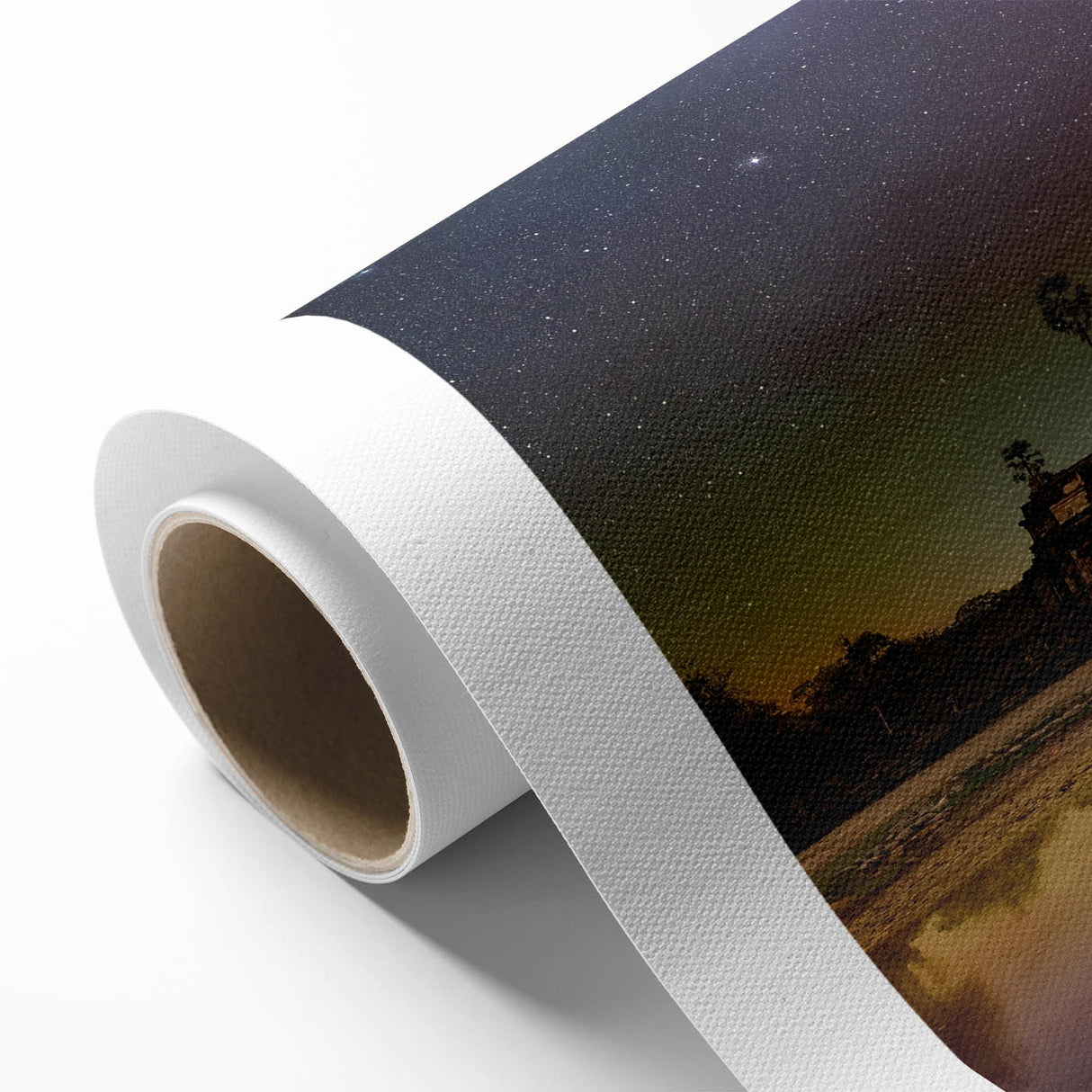 Art deco poster of a Cambodian landscape on rolled canvas, featuring muted earth tones, perfect for nursery wall art.