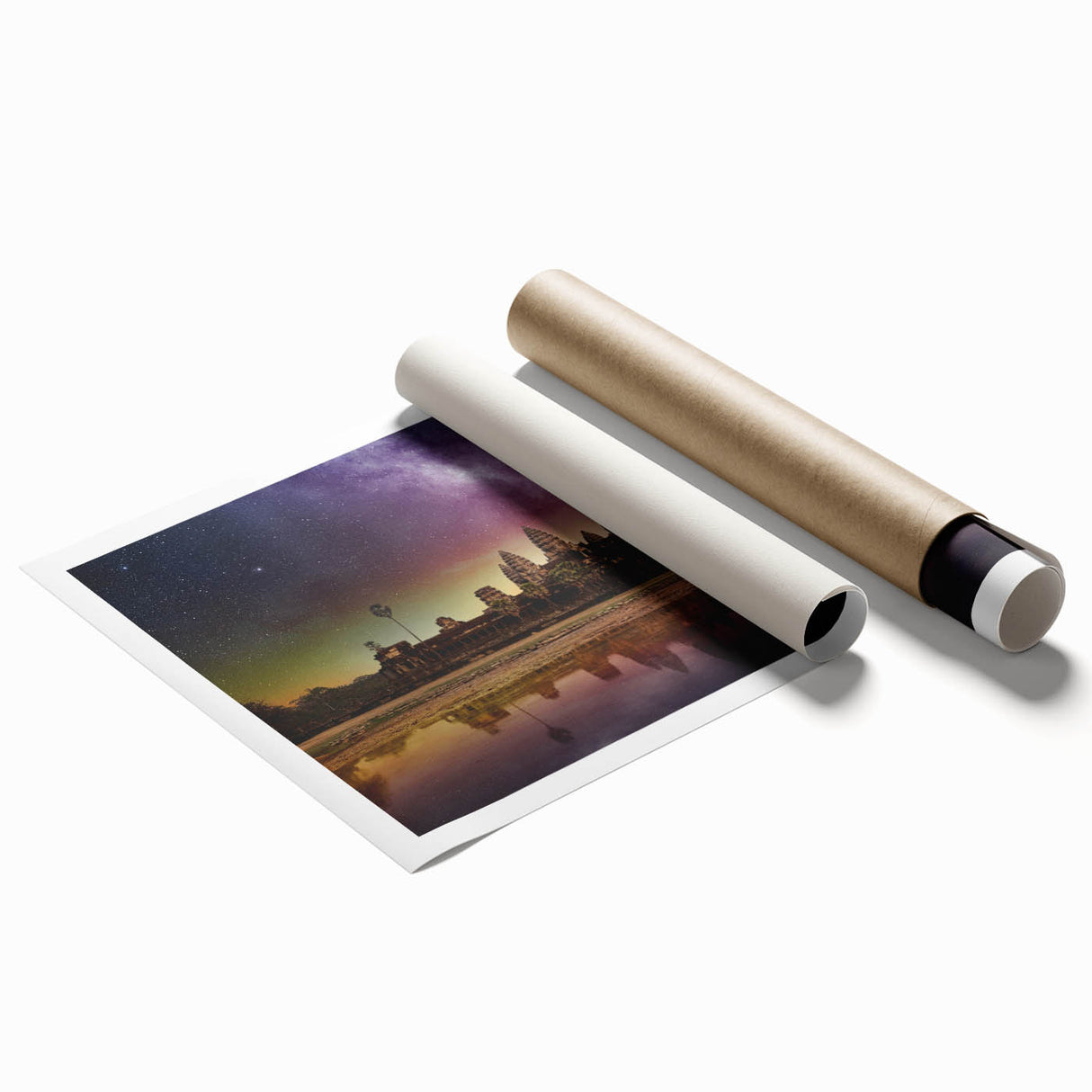 Extra large rolled print of a Cambodian scenery with lush florals in muted greens and browns.