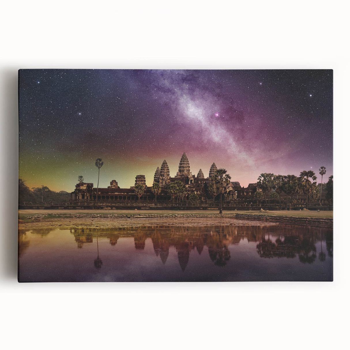 Black and white photograph of Angkor Wat on stretched canvas, ideal for kitchen art.