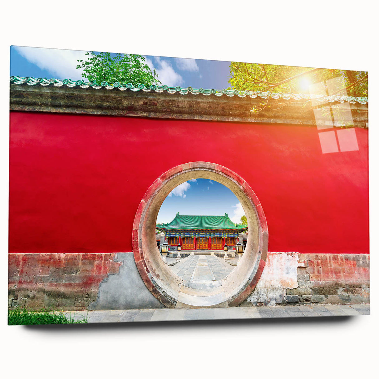 Large abstract wall art of Beijing skyline in muted gray and blue tones on acrylic glass.