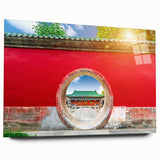 Large abstract wall art of Beijing skyline in muted gray and blue tones on acrylic glass.