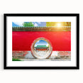 Extra large abstract art print depicting a colorful, textured Beijing skyline, framed in black with a mat.