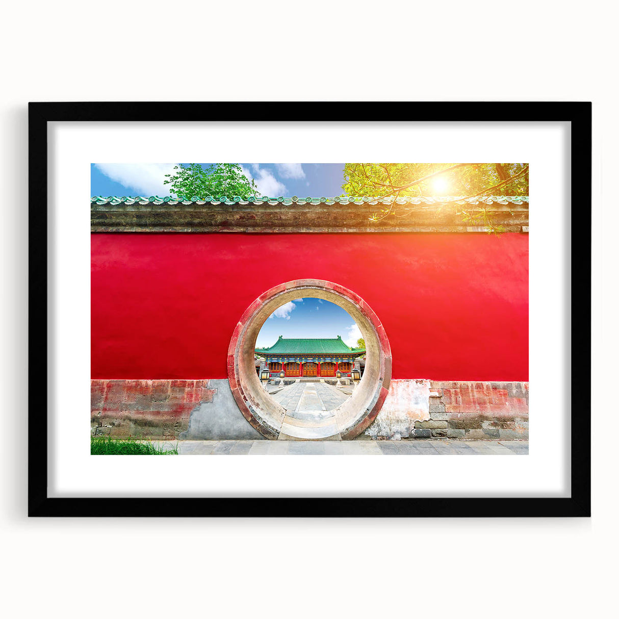 Extra large abstract art print depicting a colorful, textured Beijing skyline, framed in black with a mat.