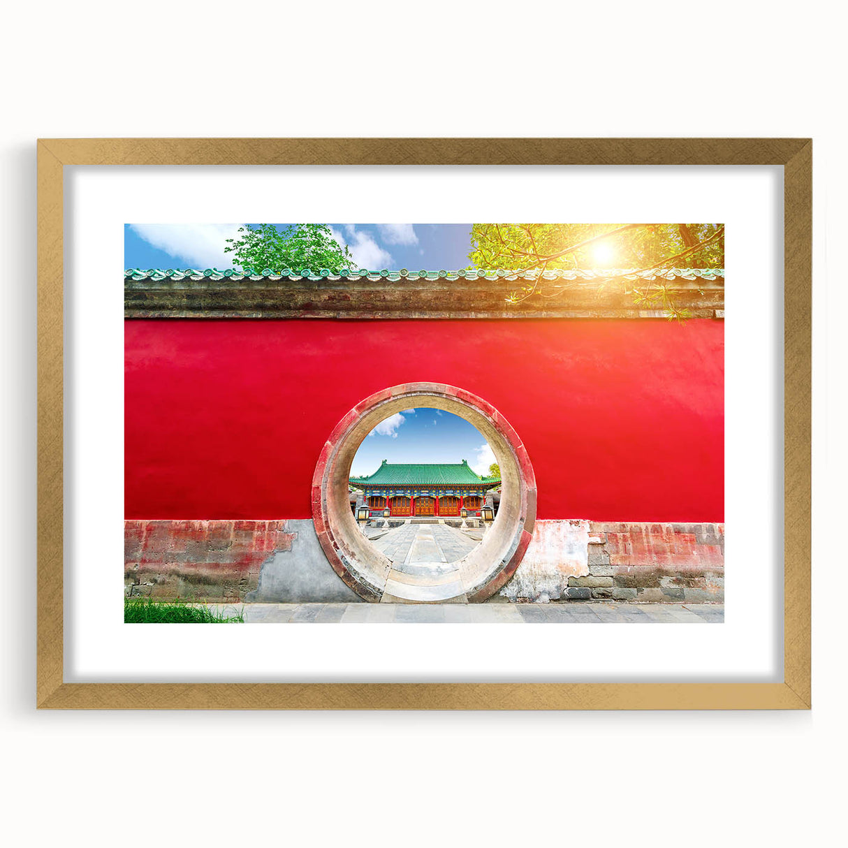 Extra large abstract art print of Beijing scenery in textured gold frame, ideal for living room decor.