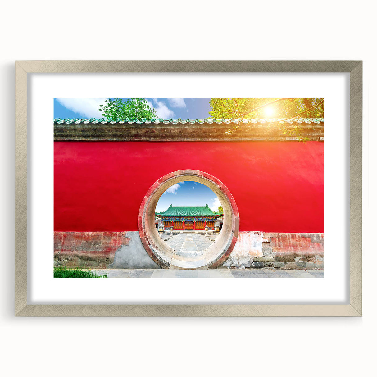 Textured art depicting an abstract Beijing cityscape in muted gray and blue tones on a framed silver mat.