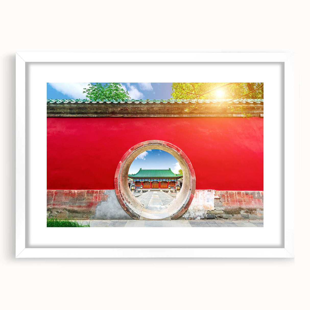 Abstract art print of Beijing scenery in muted earth tones on framed white canvas, suitable for dining room decor.