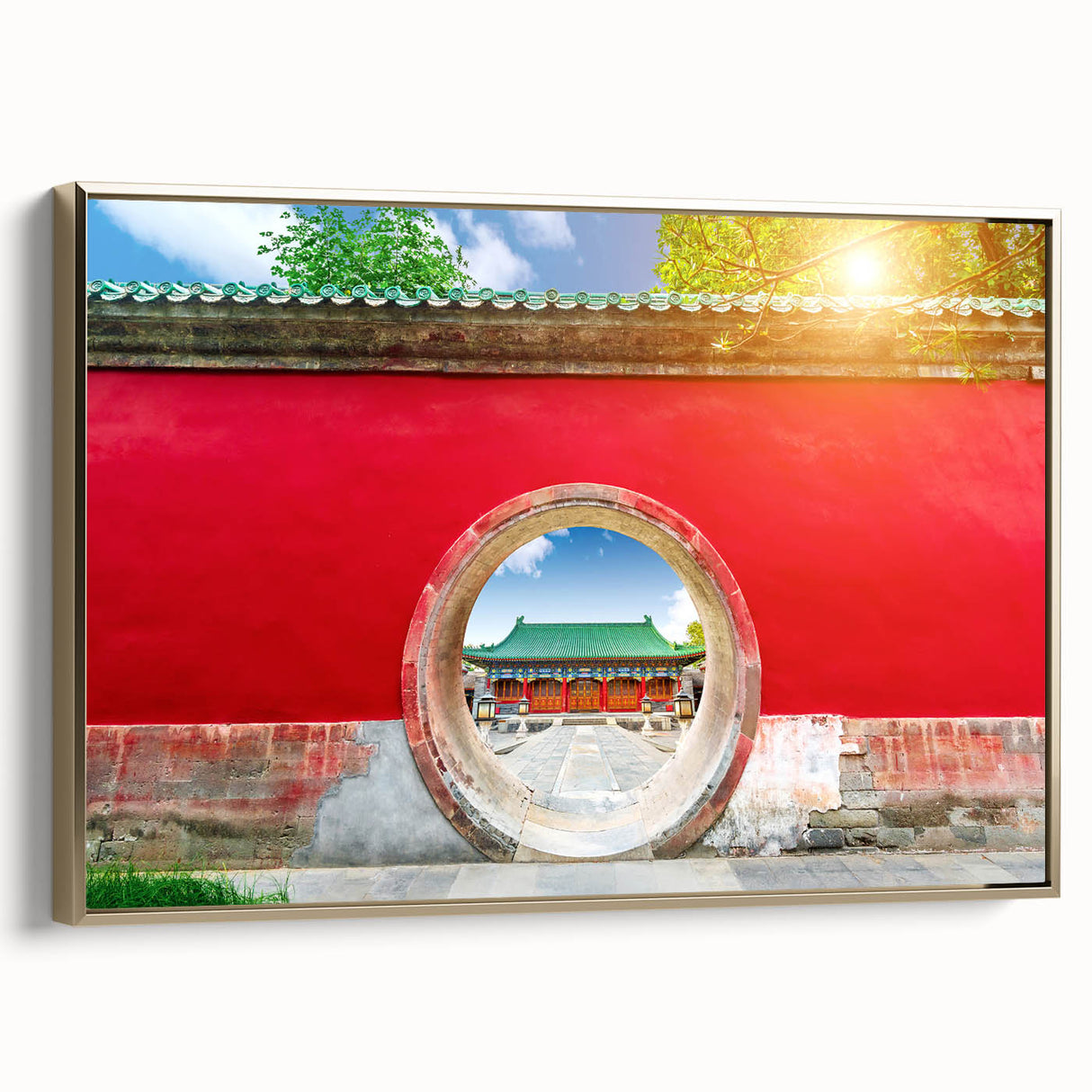 Framed canvas wall art depicting a vintage-style Beijing landscape in muted gold and black tones, ideal for bedroom decor.