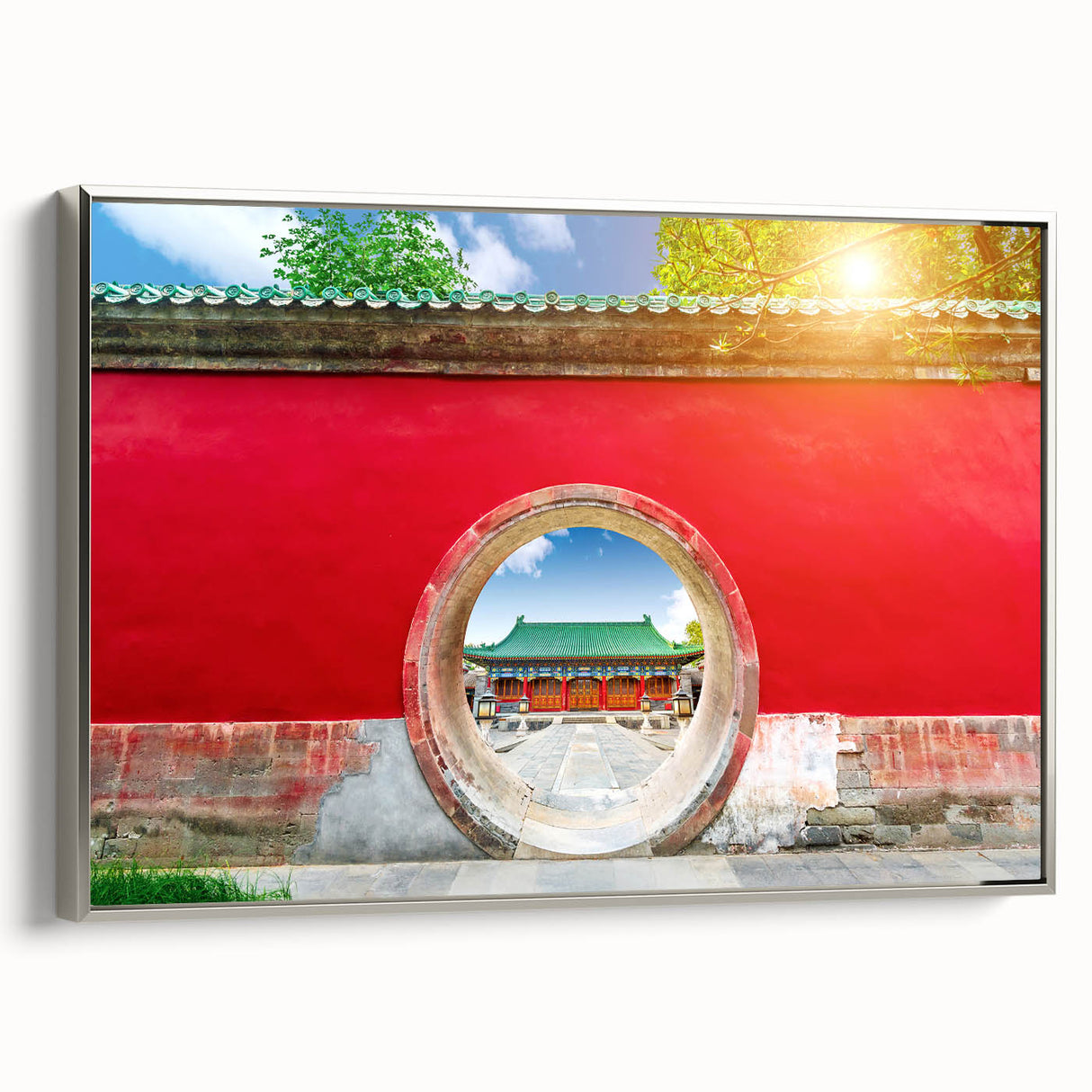 Framed canvas depicting a colorful Beijing landscape with vintage poster art elements.