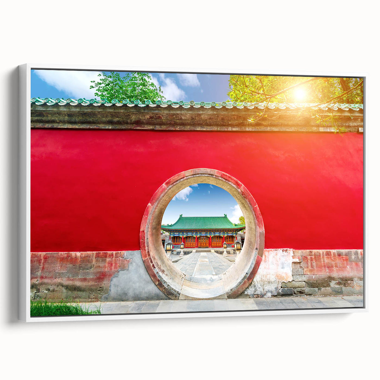 Vintage poster art of Beijing scenery on extra large framed canvas, featuring colorful art with black accents.
