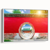 Vintage poster art of Beijing scenery on extra large framed canvas, featuring colorful art with black accents.