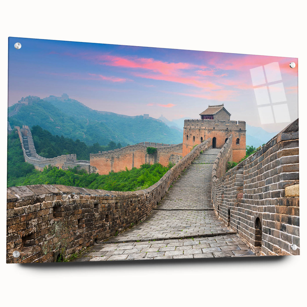 Acrylic print of the Great Wall of China in muted earth tones, ideal for bedroom or dining room decor.