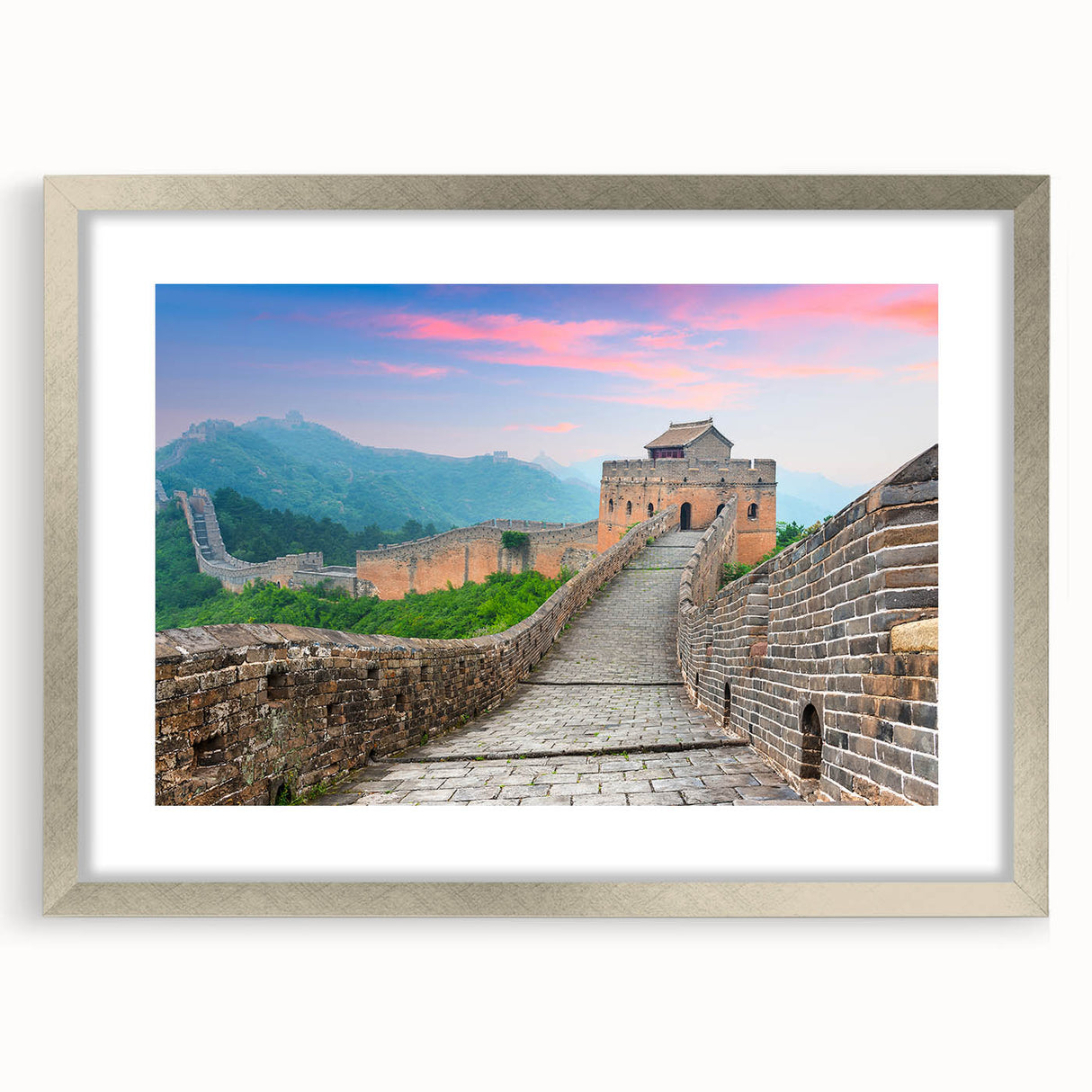 Textured art print of the Great Wall of China in muted earth tones on a framed canvas, ideal for bedroom art.