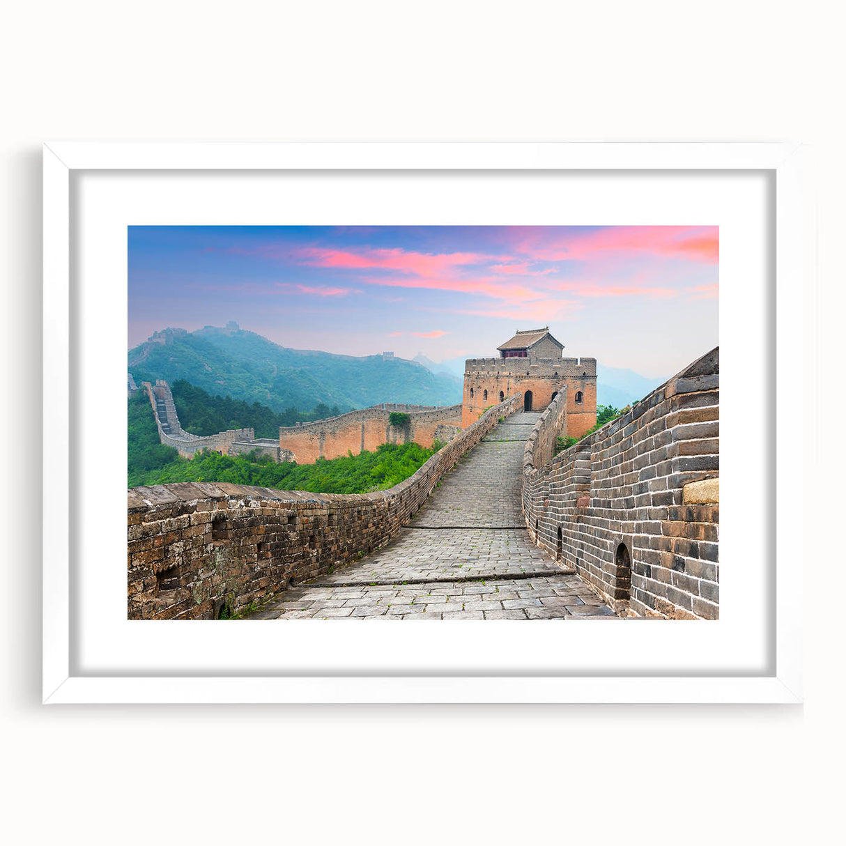 Abstract art print of the Great Wall of China in muted earth tones on a white framed canvas, suitable for dining room decor.