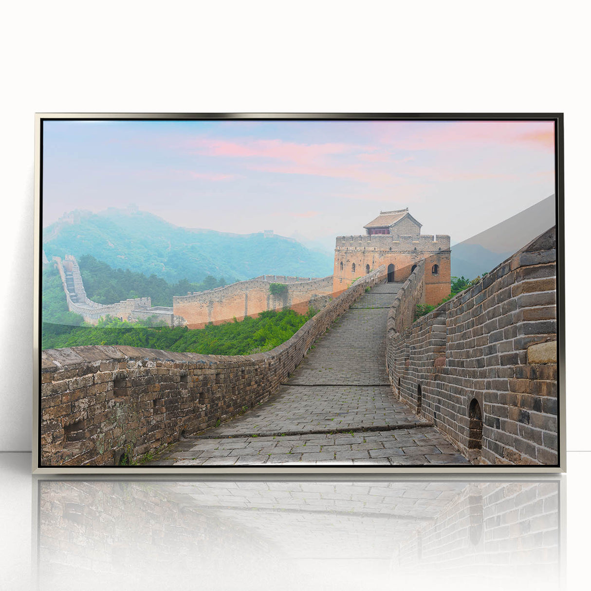 Mid-century modernist art of the Great Wall of China in muted earth tones on a framed acrylic print.