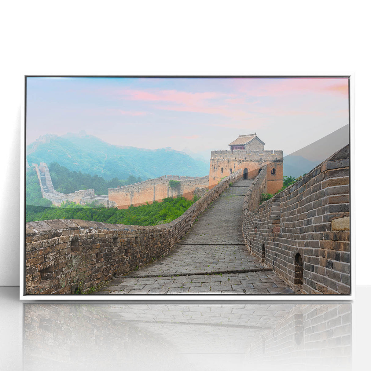 Acrylic print of the Great Wall of China in muted earth tones, framed in white, suitable for modern art wall decor.