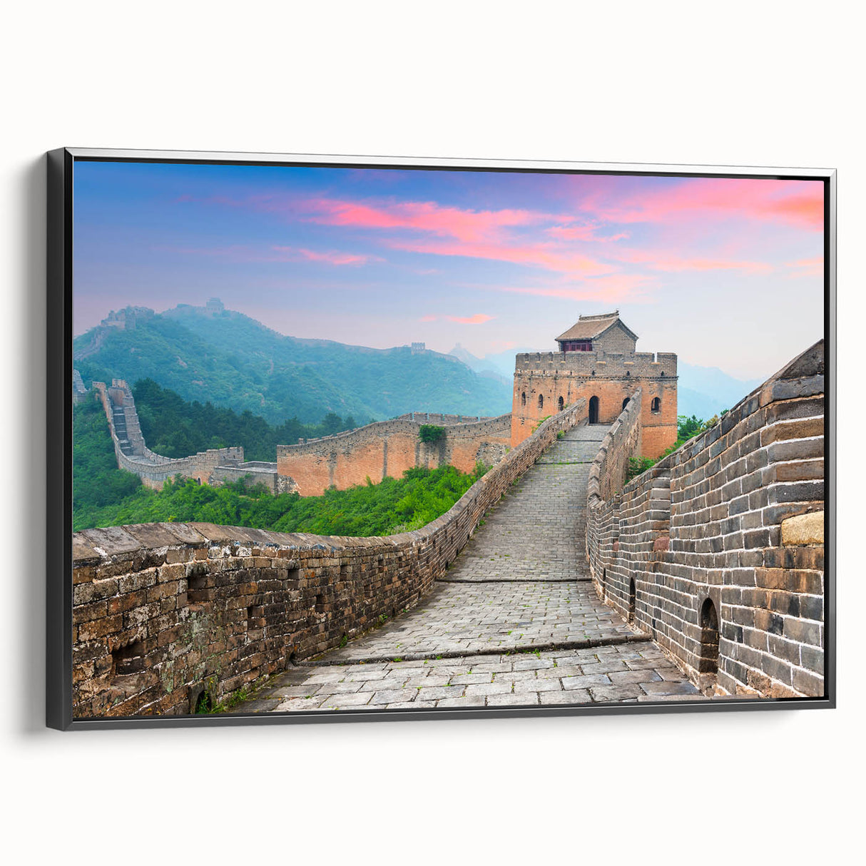 Black and white framed canvas of the Great Wall of China, in a vintage poster style, ideal for bedroom wall decor.