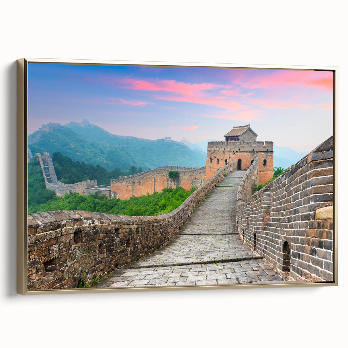 Framed canvas of the Great Wall of China in muted earth tones, ideal for bedroom wall art.