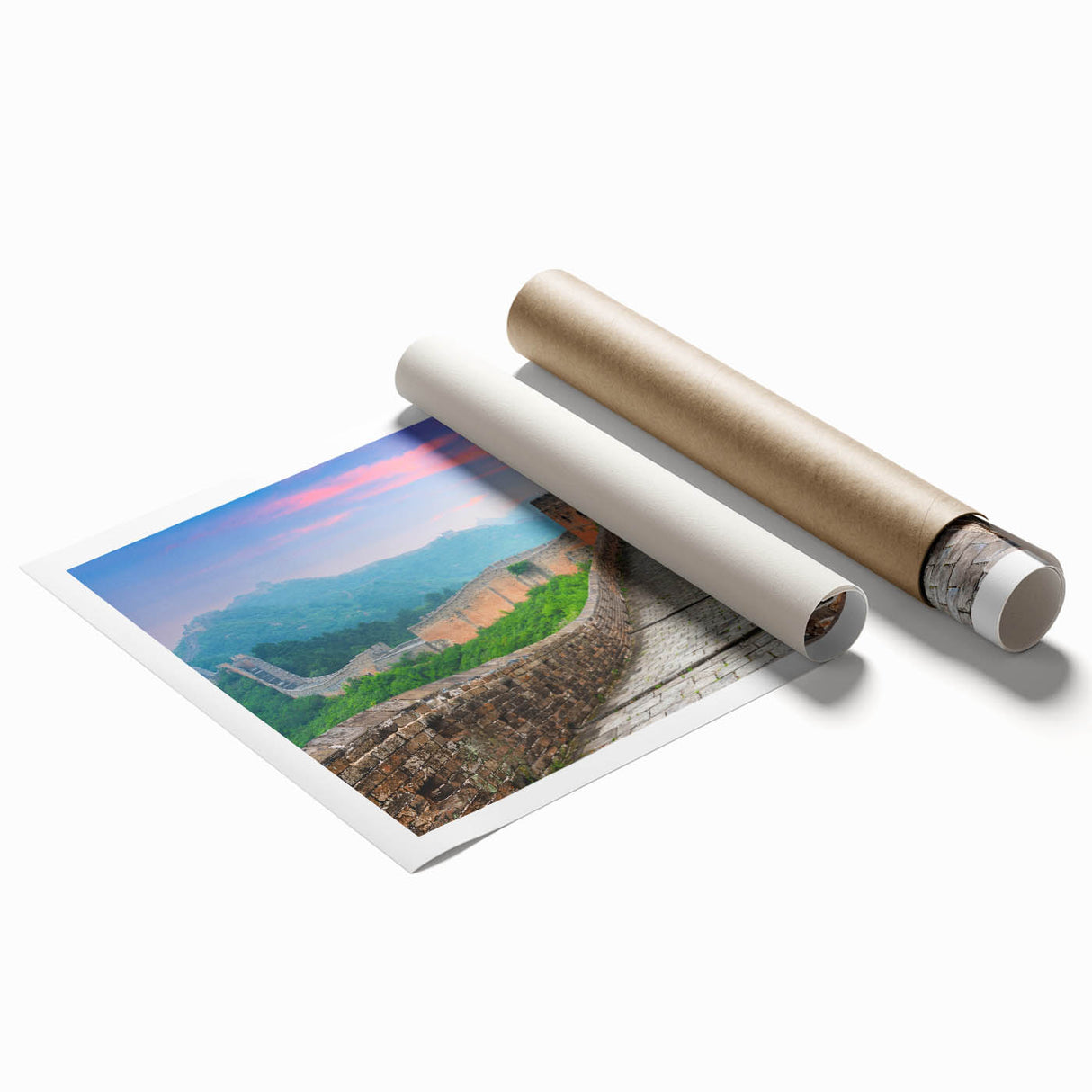 Extra large rolled print of the Great Wall of China in muted earth tones.