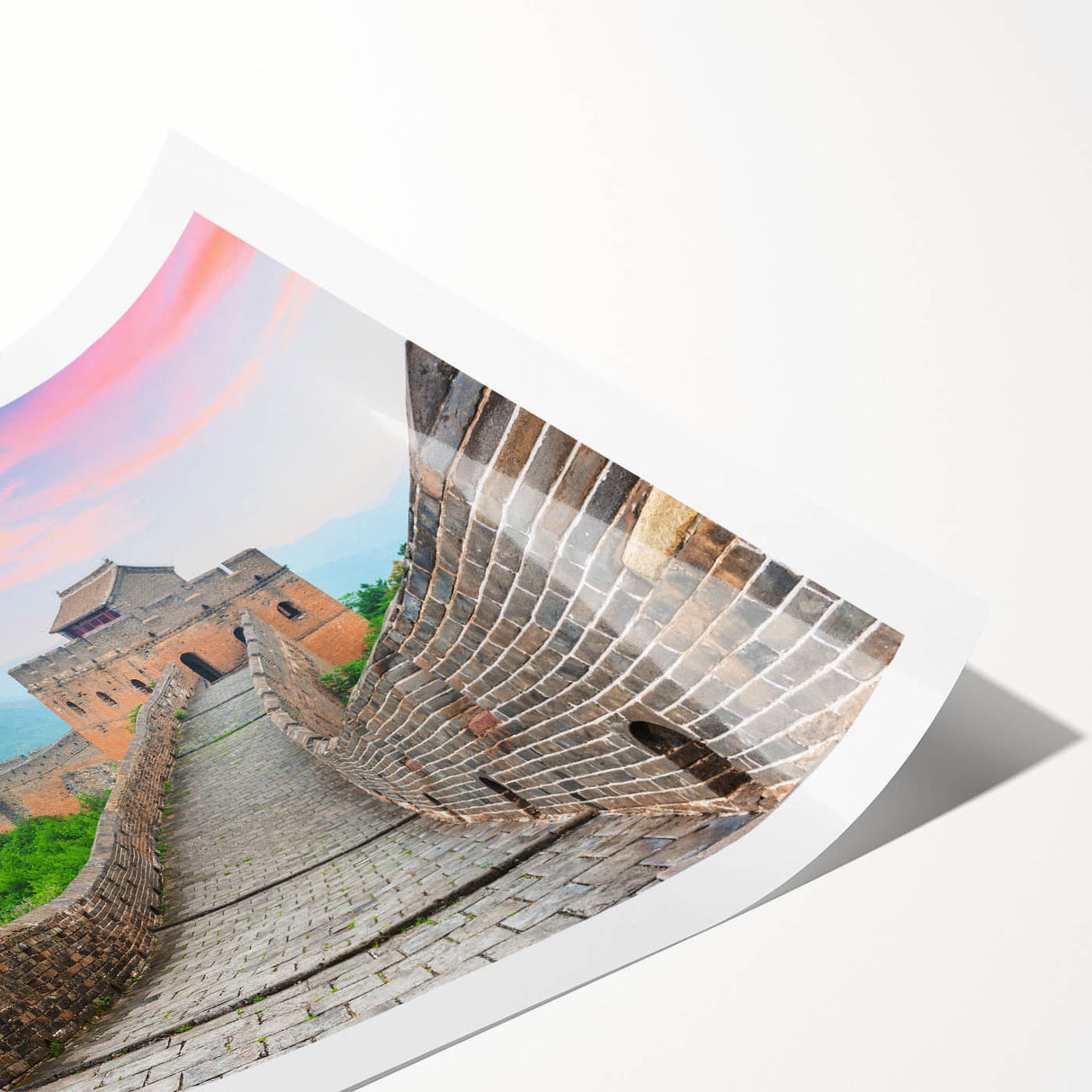 Extra large wall art of the Great Wall of China in muted earth tones on a rolled canvas.