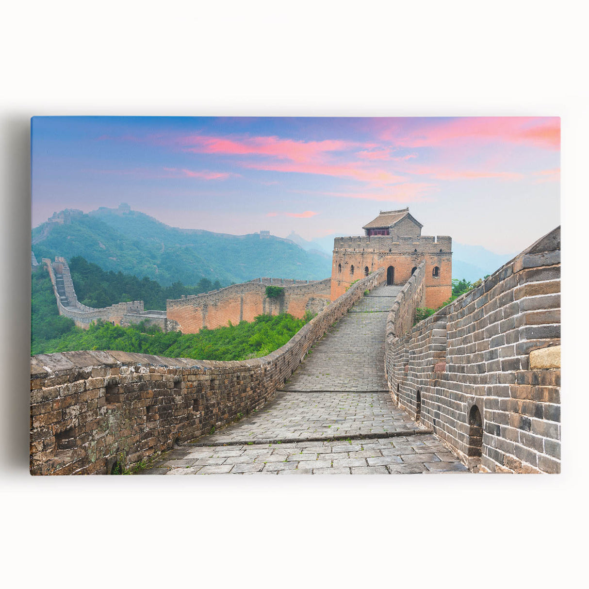 Black and white print of the Great Wall of China on stretched canvas, ideal for kitchen wall art.