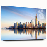 Large abstract wall art of Shanghai skyline in muted gray and blue tones on acrylic glass.