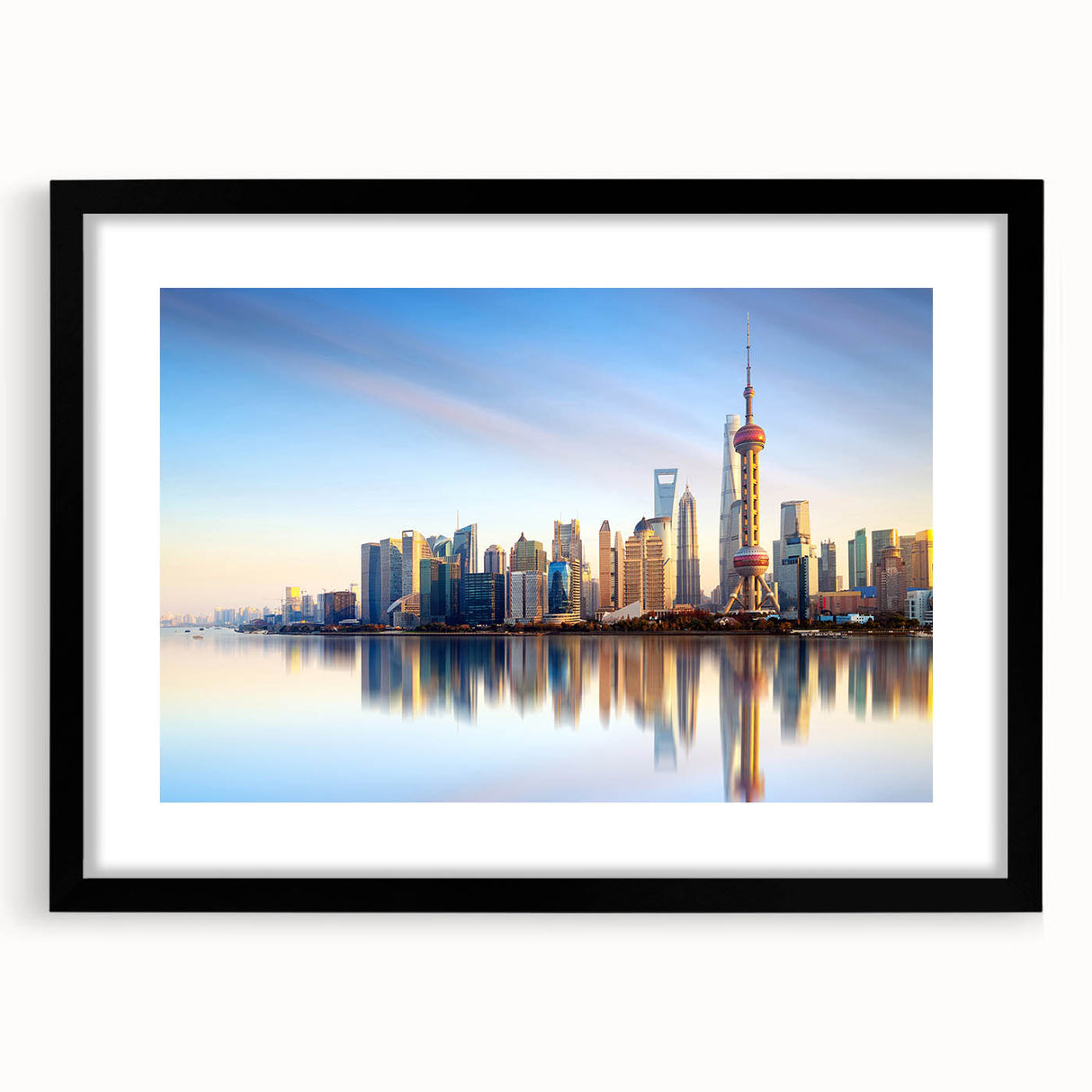 Extra large abstract art print of colorful Shanghai skyline, textured appearance on black framed canvas.