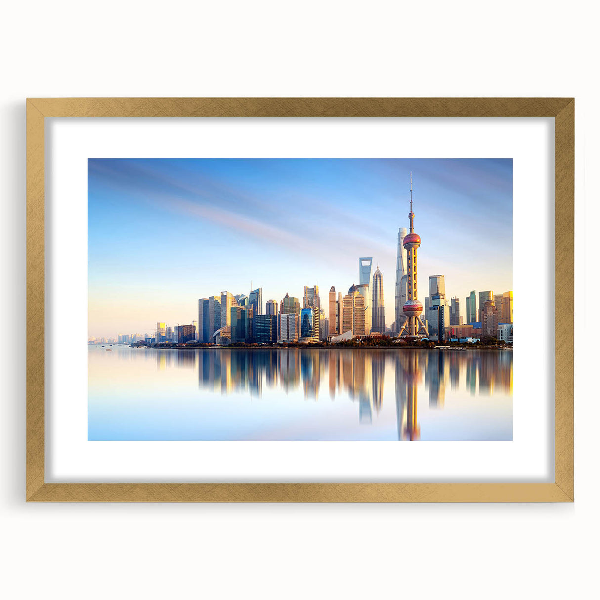 Extra large abstract art print of Shanghai skyline in muted gold and gray tones on a framed canvas.