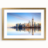 Extra large abstract art print of Shanghai skyline in muted gold and gray tones on a framed canvas.