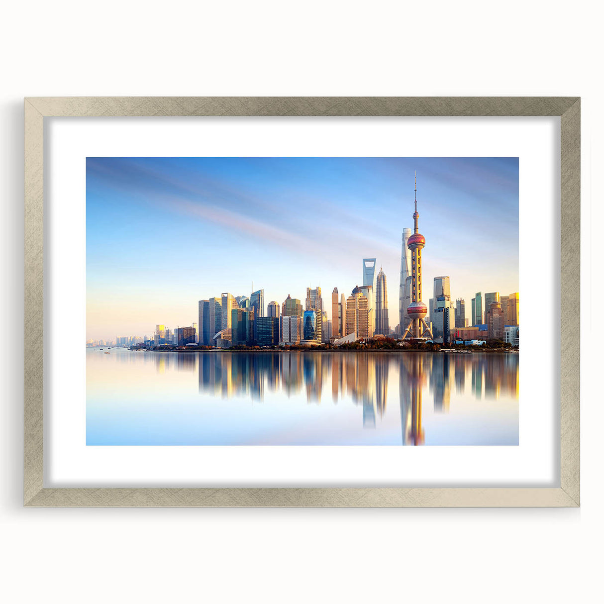 Textured abstract art print of Shanghai skyline in muted gray and blue tones on a framed canvas, suitable for bedroom art.