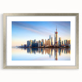 Textured abstract art print of Shanghai skyline in muted gray and blue tones on a framed canvas, suitable for bedroom art.