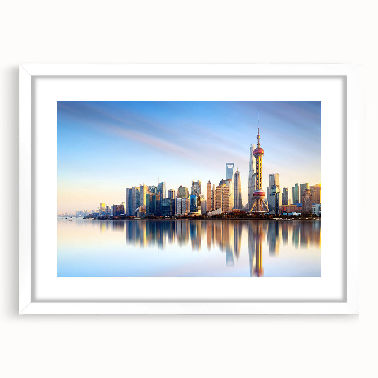 Abstract art print of Shanghai skyline in muted gray and blue tones on a framed canvas, suitable for dining room decor.